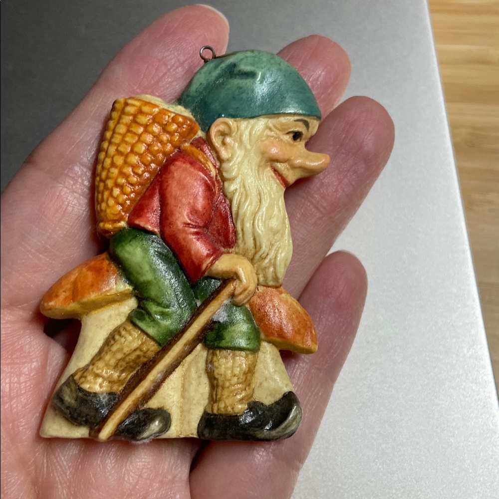 Vintage Anri Italian wood carved ornament with bearded, hiking man, mushrooms.